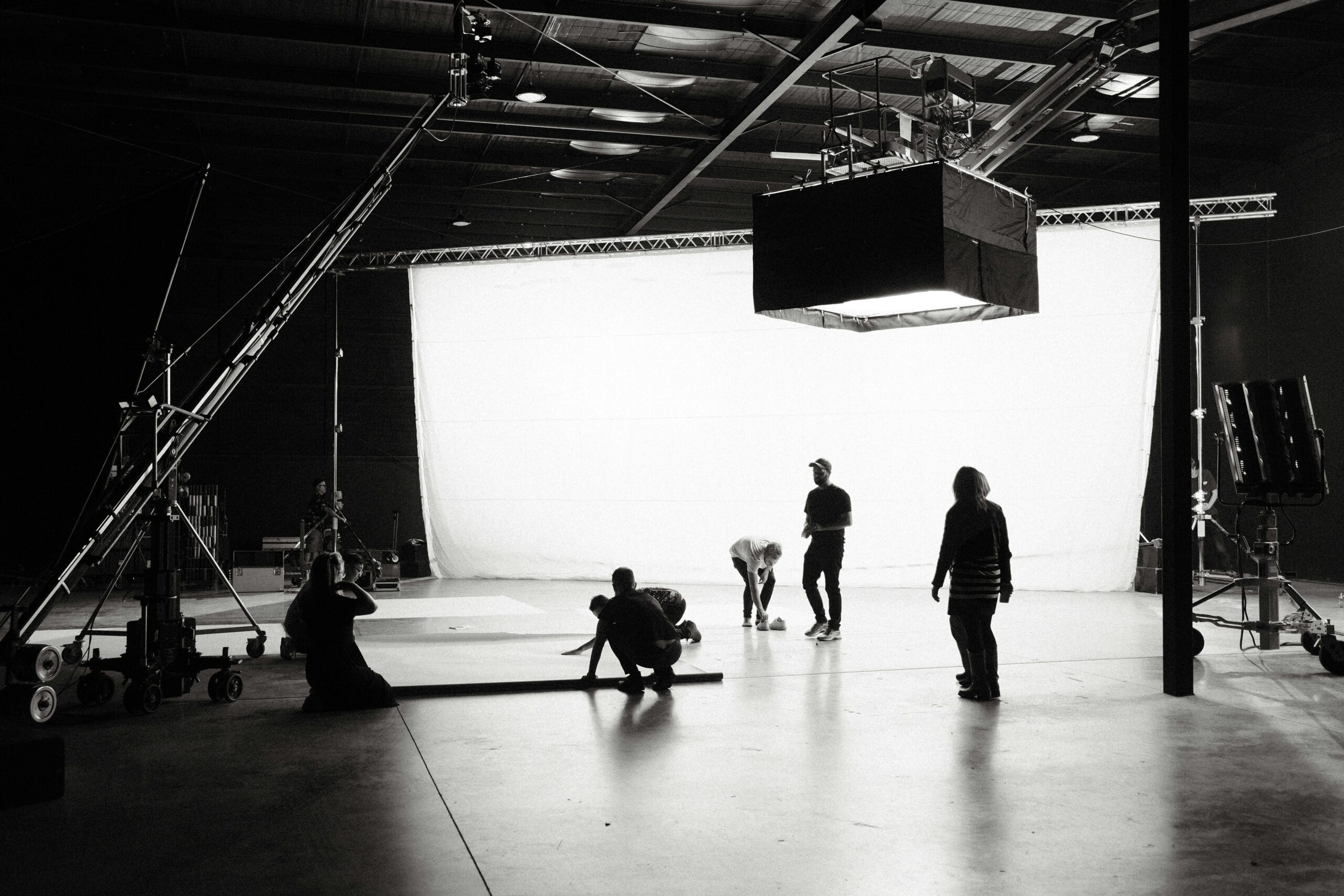 Film studio set with lighting and production equipment